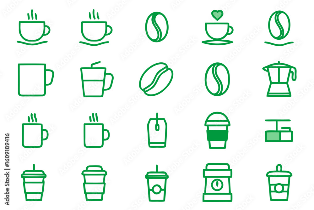 Poster a clean and modern collection of editable line art icons representing various coffee beverages and r