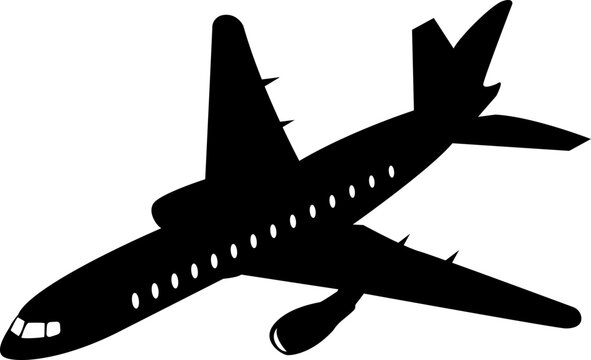 Fototapeta Simple black silhouette depicting a passenger airplane soaring through the sky, serving as an isolated vector illustration ideal for concepts related to transportation and travel