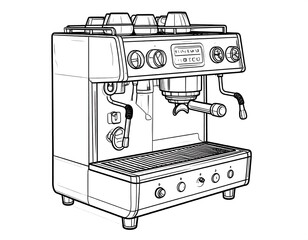 Detailed line drawing of a commercial espresso machine. Shows controls, steam wand, and brewing components. Technical diagram style