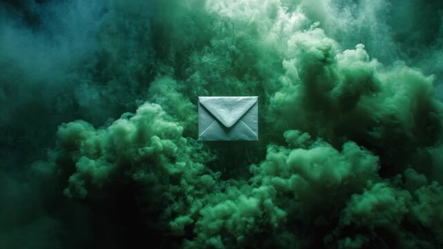 A closed paper envelope floats in dense green smoke, surrounded by a moody dark background, evoking mystery and secret communication