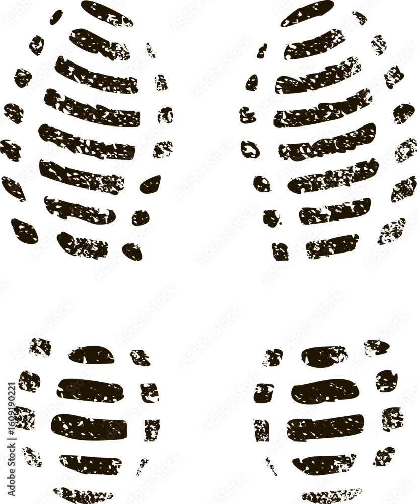 Poster four grunge textured shoe prints creating a walking sequence, illustrating movement and direction. e