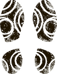 Four grunge shoe prints creating a walking path symbolize investigation, direction, and evidence, evoking themes of mystery and exploration in a textured, vintage style