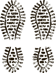 Grunge textured hiking boot footprints revealing a clear direction of travel, reflecting themes of adventure, exploration, and outdoor activities in rugged environments