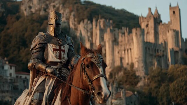 A medieval knight in detailed armor rides a horse near a towering stone castle, captured in cinematic style with a forested mountain backdrop
