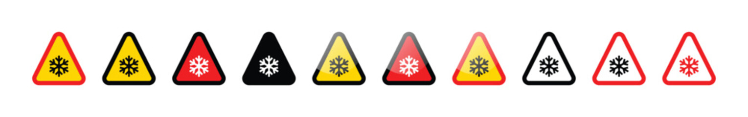 A collection of triangle warning signs with snowflake symbols in various colors