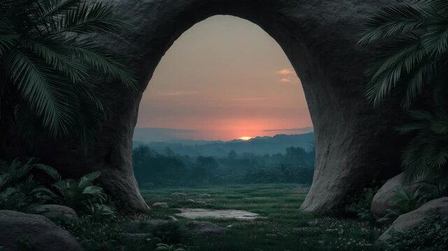 Lush green jungle cave scene with tall arch framing a glowing sunset, natural lighting, tropical plants, concept of magical nature gate
