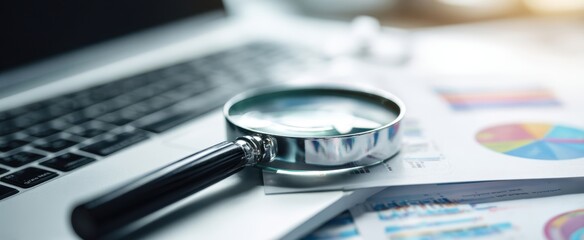 The Magnifying Glass Overlaid on Financial Analysis Documents and a Laptop