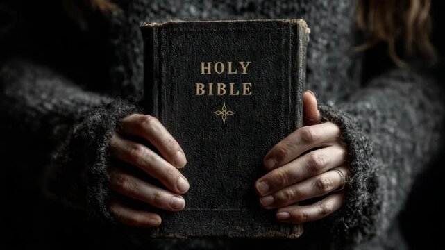 Close-up of hands holding a worn Holy Bible, realistic photo style, with dark textured background. Concept of faith, devotion and hope