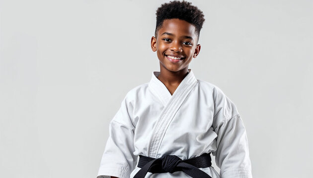 Confident child in karate gi and black belt against white background.
