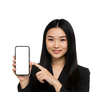 Young woman casually holding a smartphone with a blank screen, isolated on a transparent background — perfect for tech mockups, digital communication, and lifestyle concepts.

