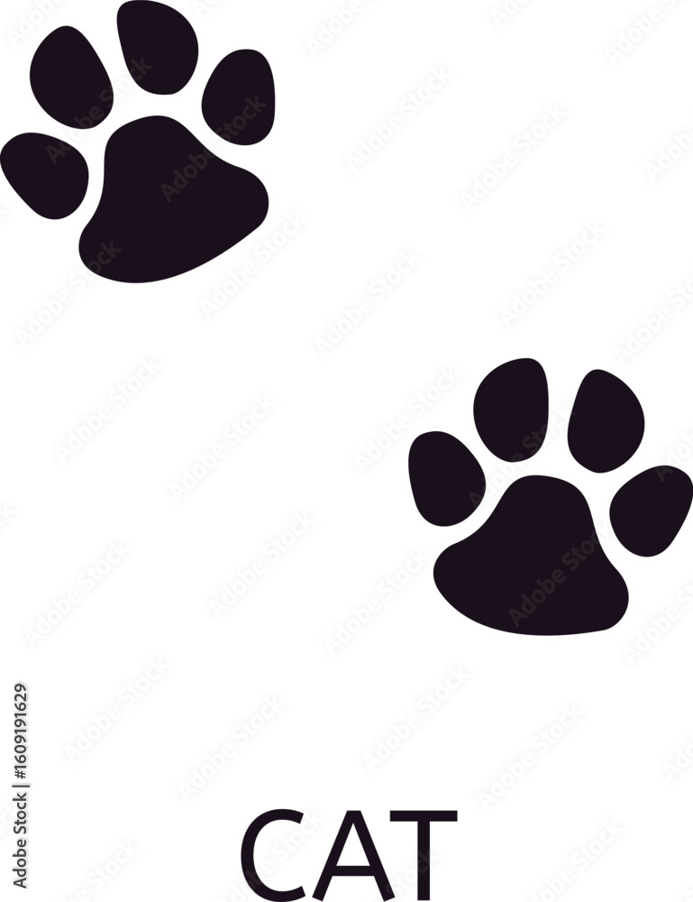 Poster two cat paw prints walking forward, leaving a charming trail behind on a pristine white background, 