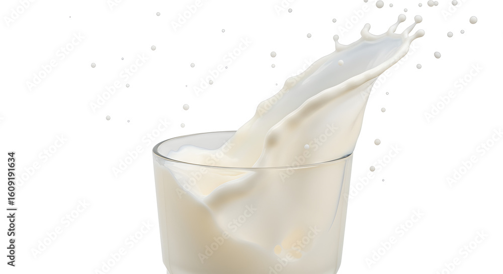 Poster milk splashing dynamically out of glass on white background with soft lighting perfect for food and 