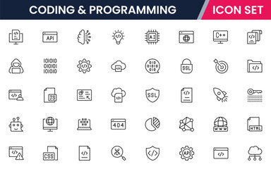 Coding and programming vector line icons featuring code brackets, laptops, bugs, debugging, algorithms, developers, software, scripts, and tech workflows.