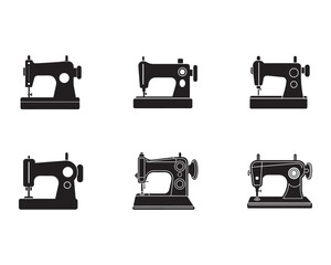 Collection of Vintage Sewing Machine Icons in Black and White Style Vector Set Tailoring Equipment