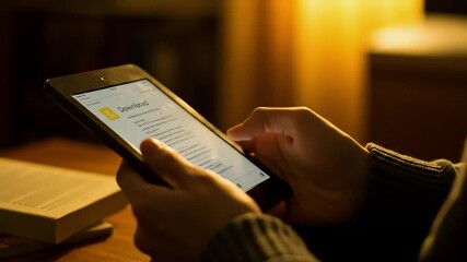 Hands scrolling through digital document on tablet - Powered by Adobe