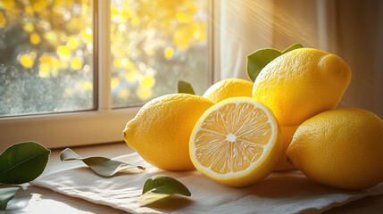Fresh - cut lemons by window in sunlight, conveying health & freshness, fits diet, life aesthetics scenarios