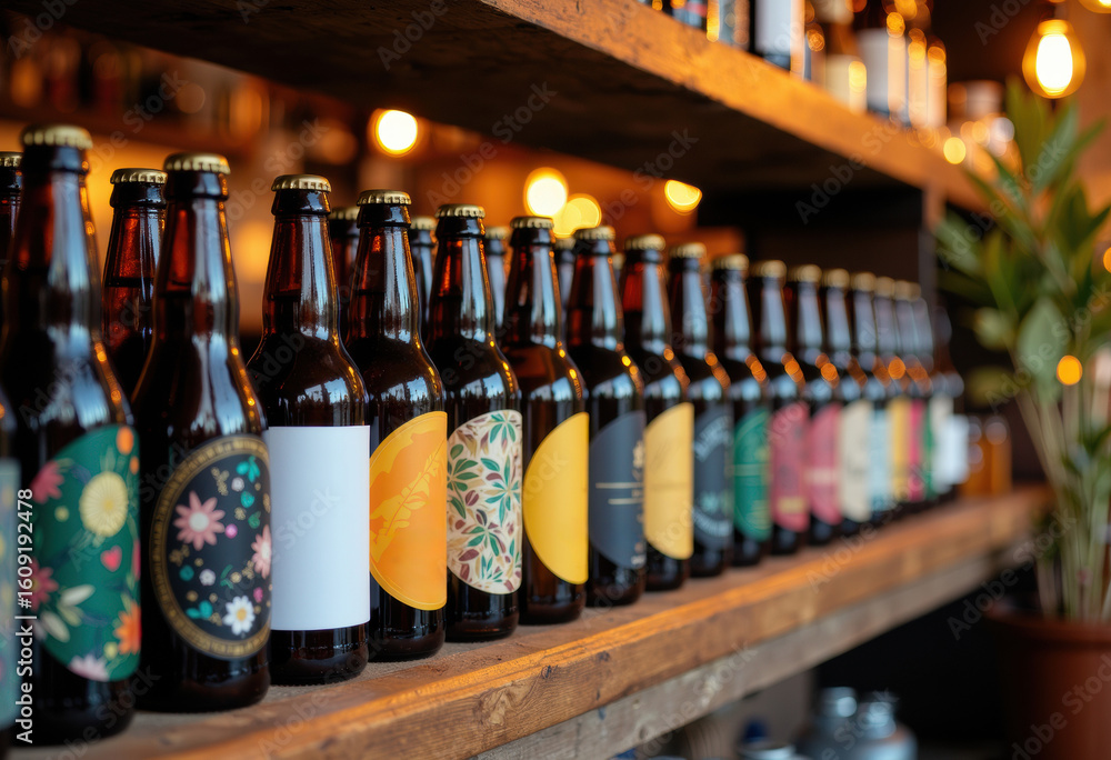 Poster a row of colorful craft beer bottles arranged on a wooden shelf in a cozy bar setting