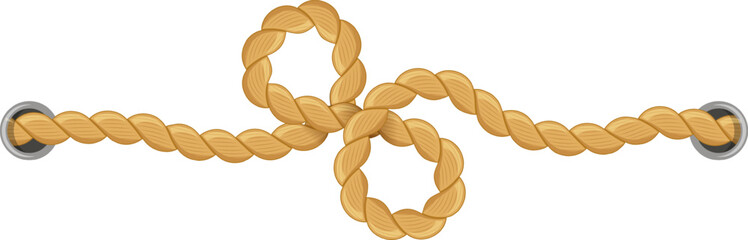 Thick, twisted rope connecting two metal rings, forming a decorative knot, isolated on white background, representing concepts such as connection, strength, and maritime themes
