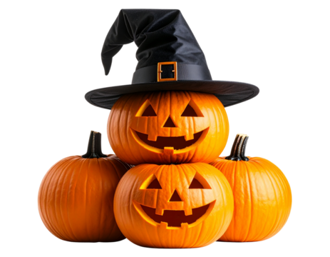 Stacked Halloween Pumpkins with Witch Hat – Vertical Tower Style, isolated on transparent background