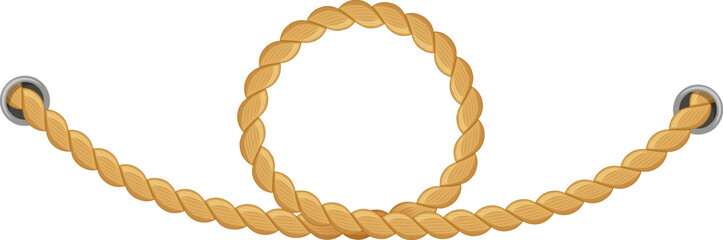 Thick brown rope hanging between two metal rings and forming a circle loop in the middle, isolated vector illustration over white background