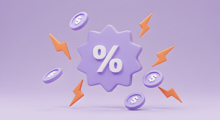 Pastel Percentage Symbol with Coins and Lightning Bolts in 3D Render on Light Purple Background