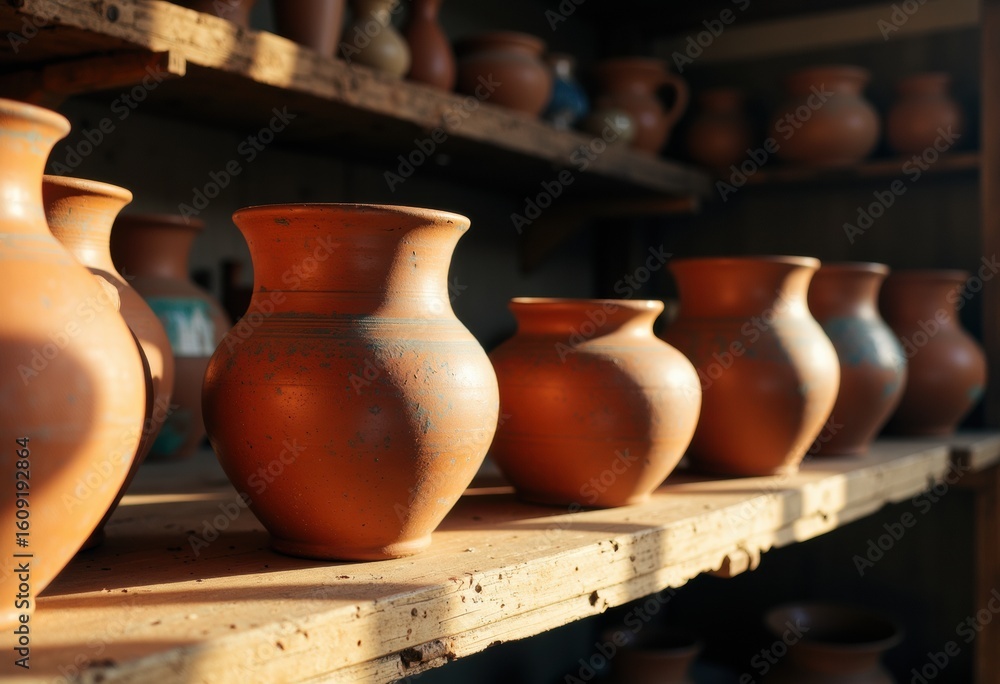 Poster clay pots are displayed on a wooden shelf in a rustic pottery studio