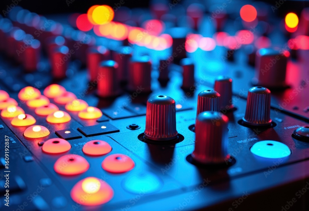 Poster close-up of a colorful dj mixing console with illuminated controls and knobs