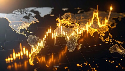 A glowing world map with financial candlestick charts and data lines representing global market trends and economic activity.