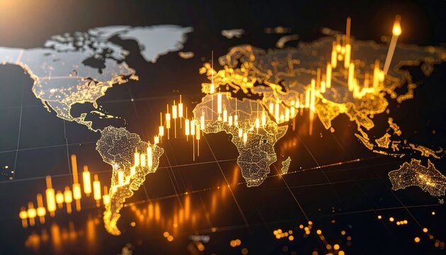 A glowing world map with financial candlestick charts and data lines representing global market trends and economic activity. - Powered by Adobe