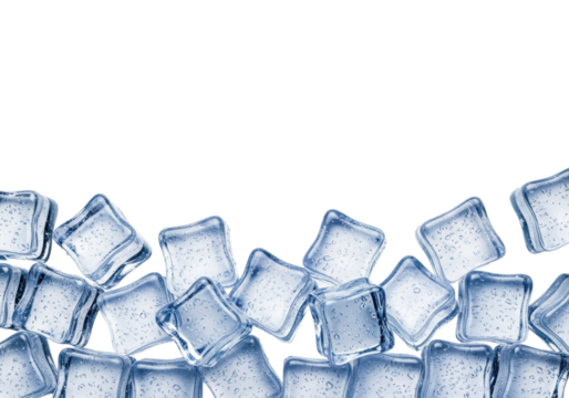 Individual translucent ice cubes with blue tint and intricate crystalline structure, sparkling and reflecting light, forming an irregular border on a pure clean white background with abundant