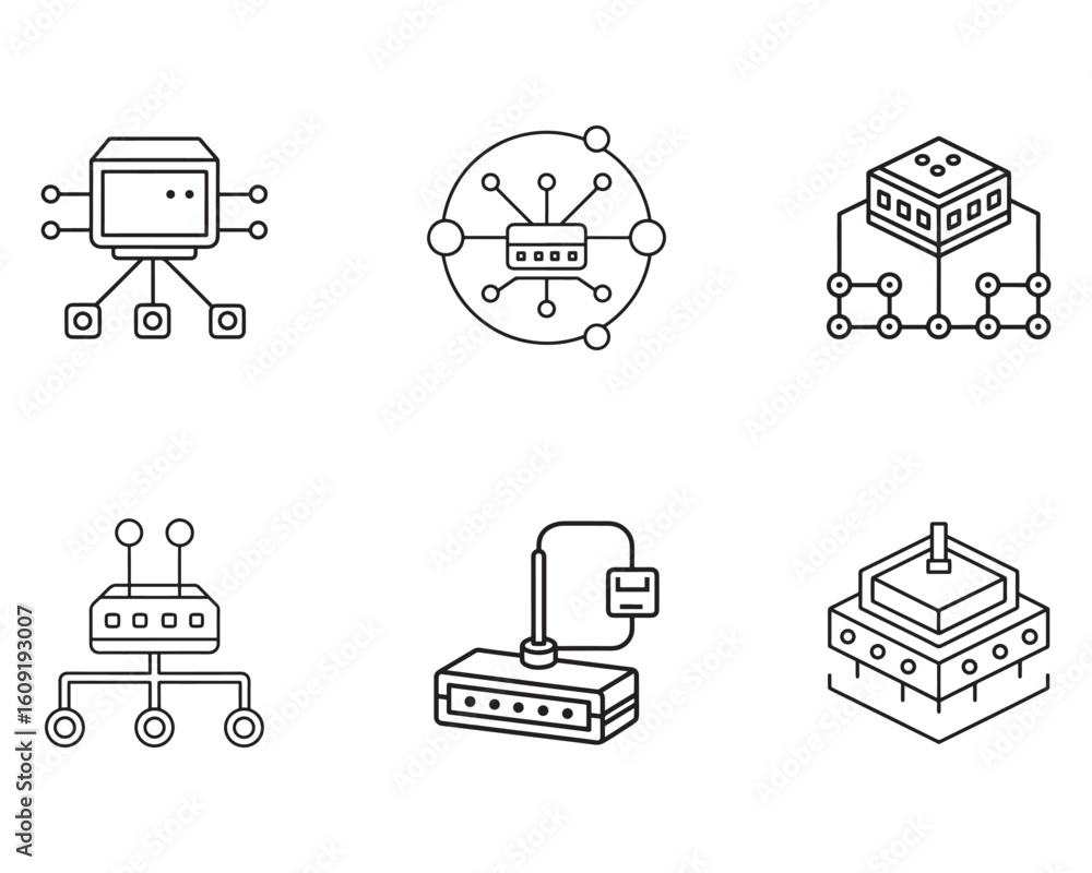 Poster connectivity and network infrastructure outline icons representing modern technology and data transm