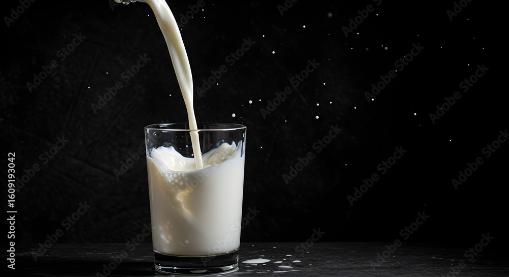 Poster pouring milk into clear glass creating a splashing effect against dark background in studio