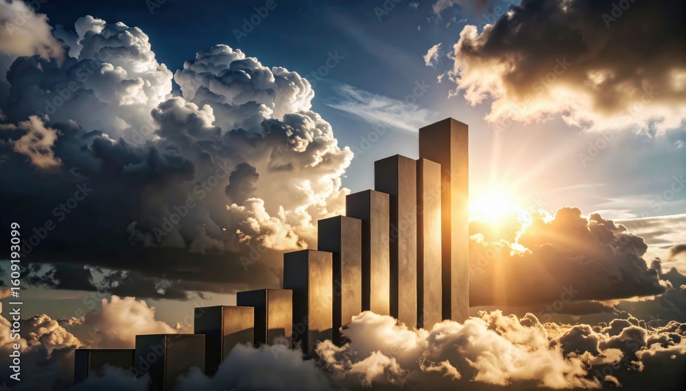 Aufkleber a dramatic sunrise illuminates towering bar graph columns emerging through clouds, symbolizing growt