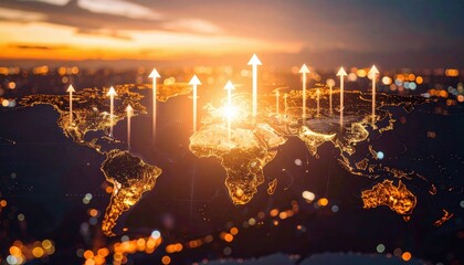 A glowing digital world map with arrows pointing upward, symbolizing global growth and progress, set against a warm, illuminated cityscape background.