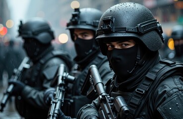 Obraz premium Heavily armed police officers in tactical gear during a security operation