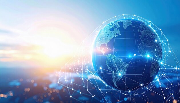 A glowing digital globe with network connections represents global communication and technology integration against a blurred cityscape at sunrise.