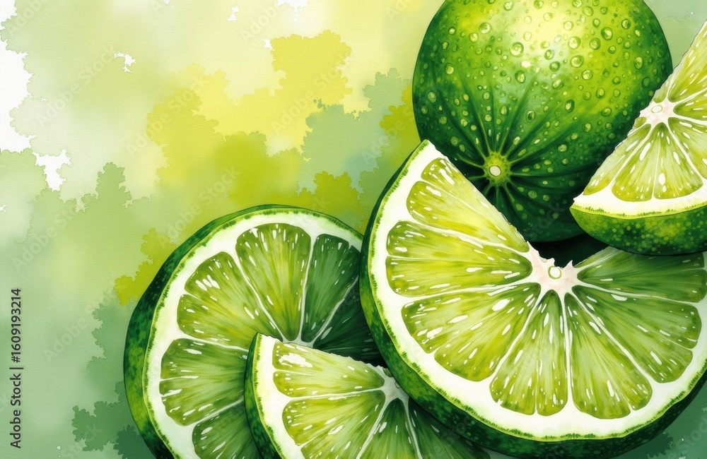 Poster lime slices and whole lime arranged on a colorful abstract background