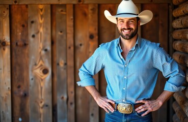 A smiling man wearing a cowboy hat and blue checkered shirt stands confidently outdoors against a wooden fence
