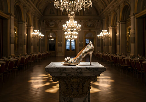 Designer shoe displayed on a baroque marble pedestal in a grand, ornate ballroom, warm chandelier light casting intricate shadows, shot during an evening gala.