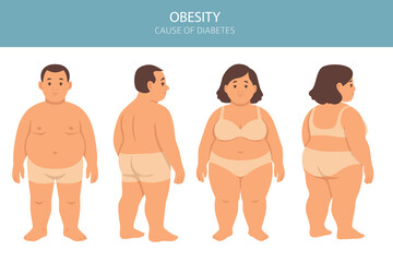 Flat vector illustration of an overweight man and woman shown from front and back views. Medical and health infographic about obesity and diabetes risks