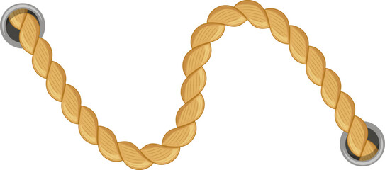 Thick, twisted hemp rope hanging loosely between two metal rings evokes a nautical or climbing theme, set against a clean, white background that enhances its natural texture and earthy tones