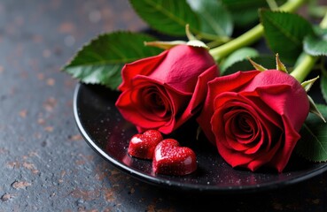 Two red roses with green leaves lie on a black plate alongside small heart-shaped candies with sugar coating