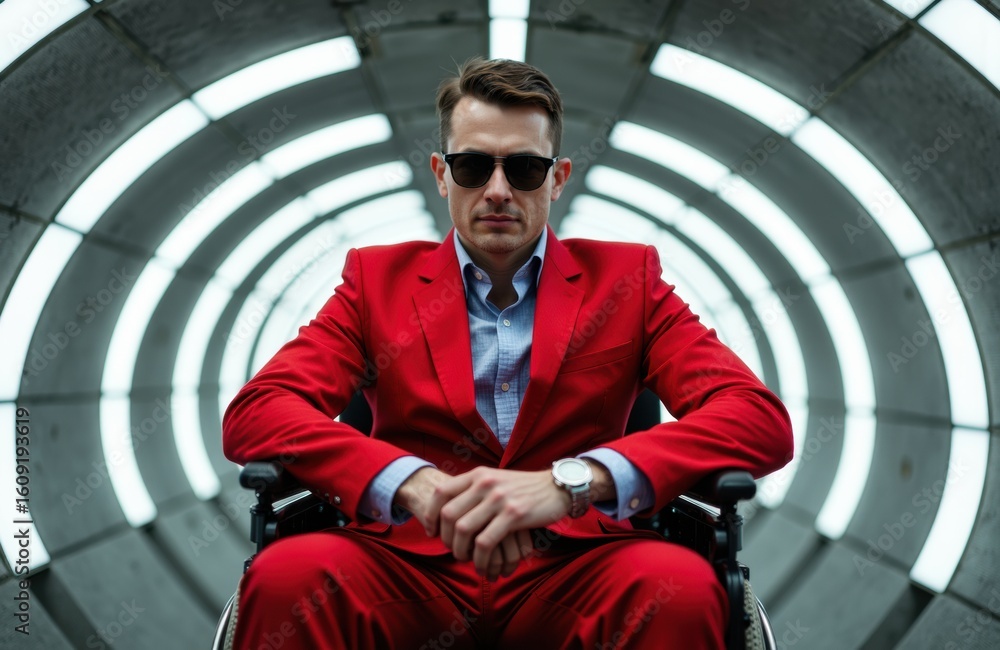 Poster man in red suit sitting in wheelchair with tunnel background creating a futuristic atmosphere
