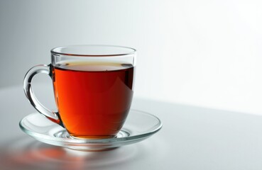 A clear glass cup filled with hot tea on a matching saucer against a neutral background