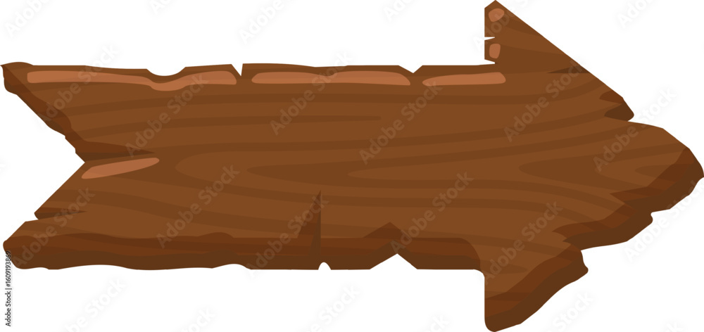 Poster wooden arrow sign pointing to the right side with irregular borders, isolated on a white background,