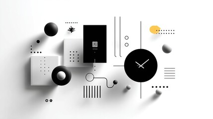 Dynamic Abstract Geometric Art with Monochrome Shapes, Clock, and a Touch of Yellow