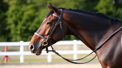 Nose sports horse in the bridle. Dressage horse.