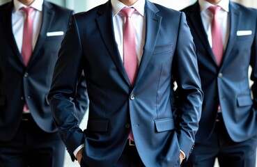 Business professionals dressed in formal suits with pink ties standing confidently