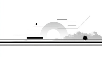 Minimalist Monochrome Landscape: Abstract Geometry, Clouds  Solitary Tree