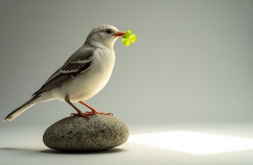 Obraz premium A small bird holding a four-leaf clover in its beak standing on a smooth stone